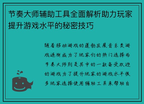 节奏大师辅助工具全面解析助力玩家提升游戏水平的秘密技巧